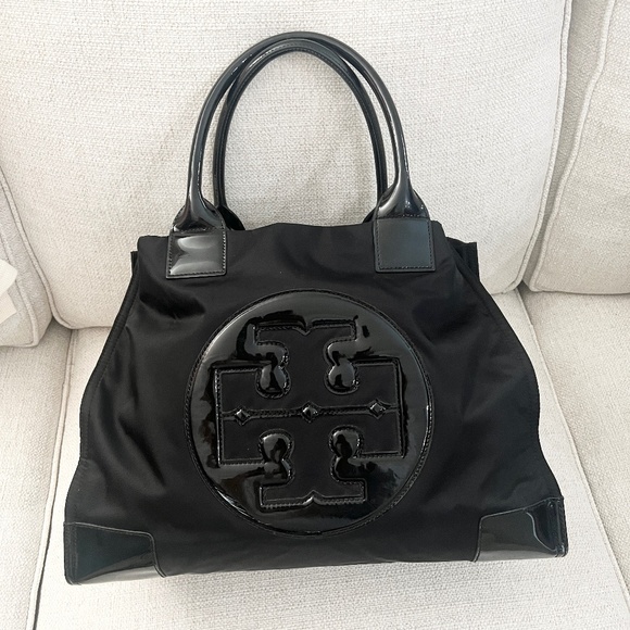 Tory Burch Large Canvas Black Tote w/Patent Leather - Picture 1 of 11